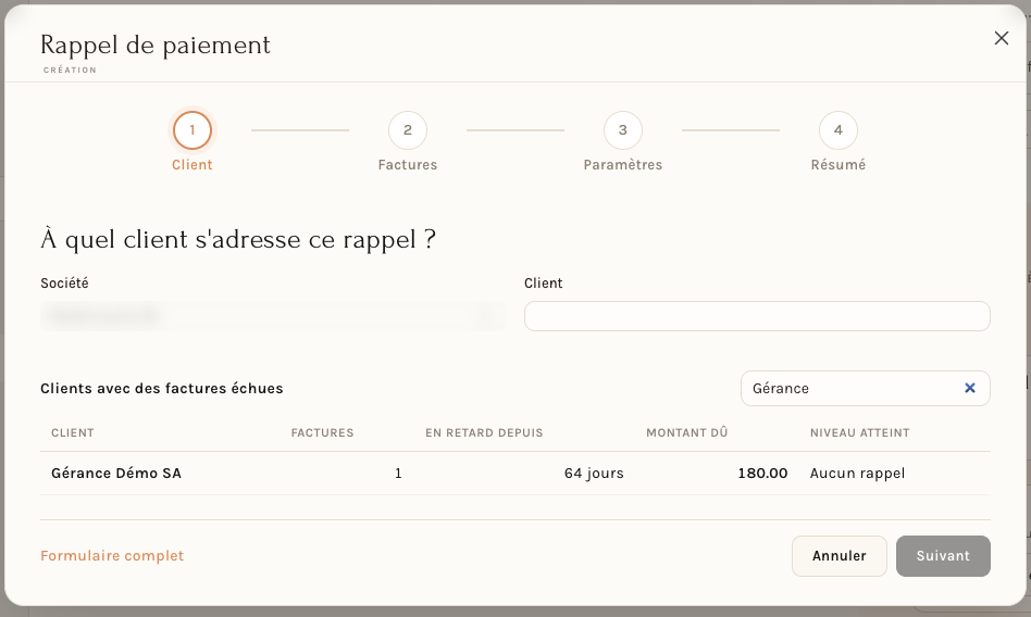 Étape 1 : le client, et la liste des clients qui ont des factures échues