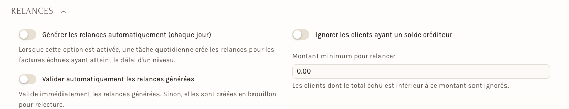Les réglages automatiques de la section Relances