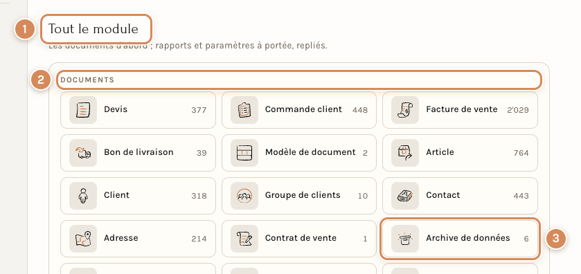 La tuile Archive de données, dans la rubrique Documents de l'espace Commercial