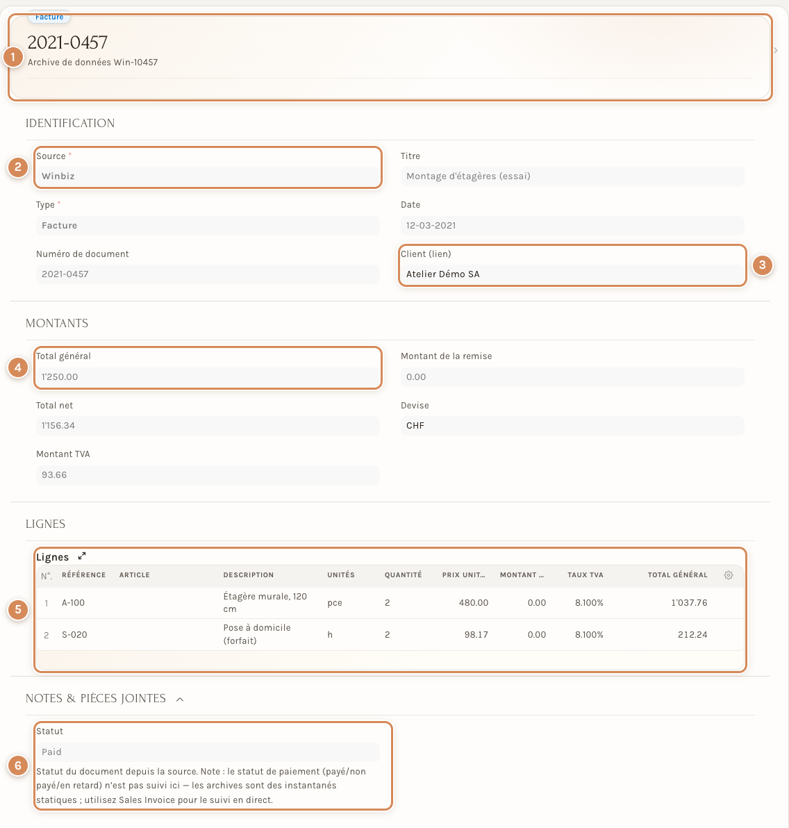 La fiche d'une archive : identification, montants, lignes et statut