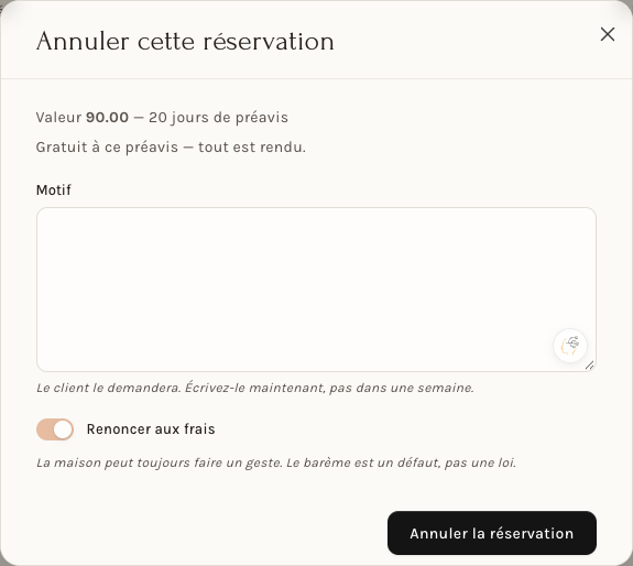 La fenêtre d'annulation : la valeur, le préavis, le coût, le motif et l'option de renoncer aux frais
