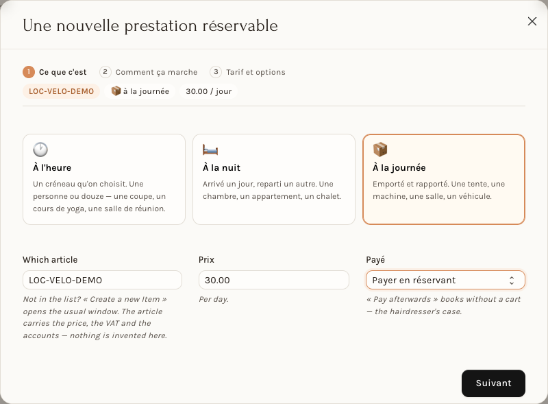 L'étape 1 : la nature de la prestation, l'article, le prix et le paiement