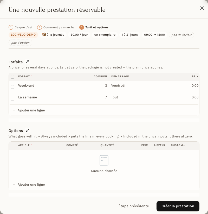 L'étape 3 : les forfaits et les options