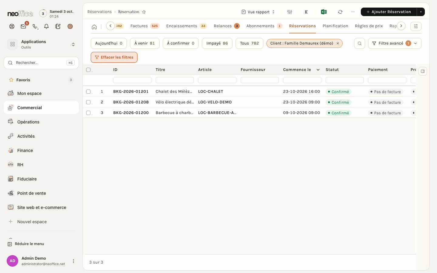 La liste des réservations, ici filtrée sur un client de démonstration