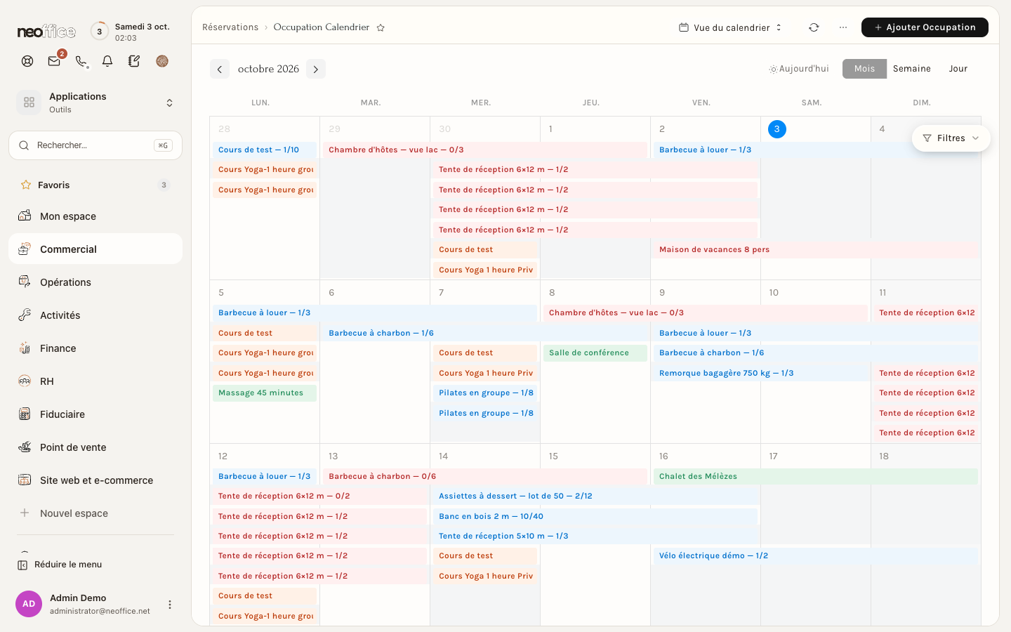 Le calendrier des occupations, vue du mois