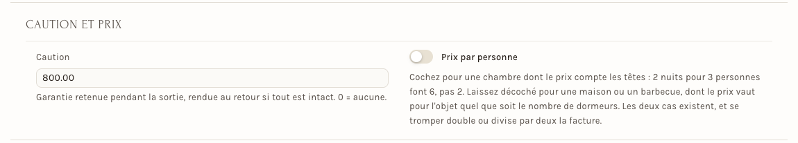 Le prix lu sur l'article, la caution et la case Prix par personne