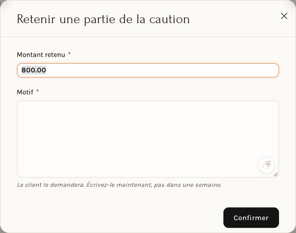 La fenêtre Retenir une partie de la caution