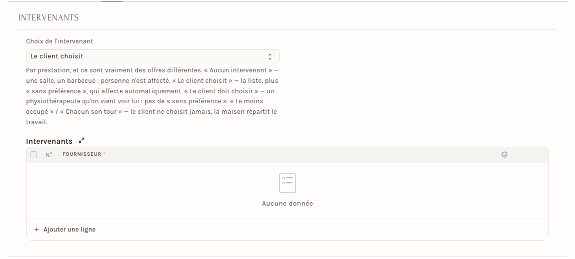 La section Intervenants d'une prestation : le choix de l'attribution, et le tableau des personnes