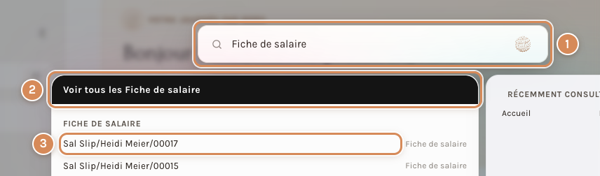 La recherche « Fiche de salaire » : le champ, la ligne qui ouvre la liste et vos fiches