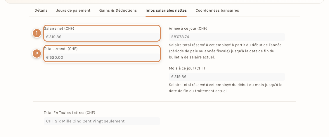 L'onglet Infos salariales nettes : le salaire net et le total arrondi