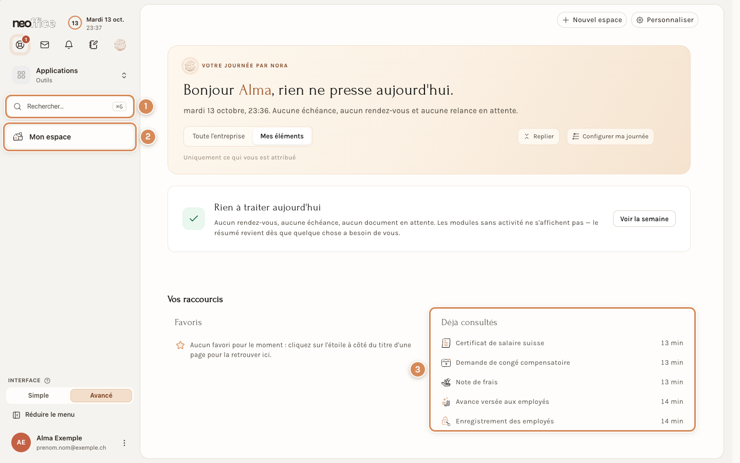 Mon espace d'un employé : le champ de recherche, le seul espace du menu et les écrans déjà consultés