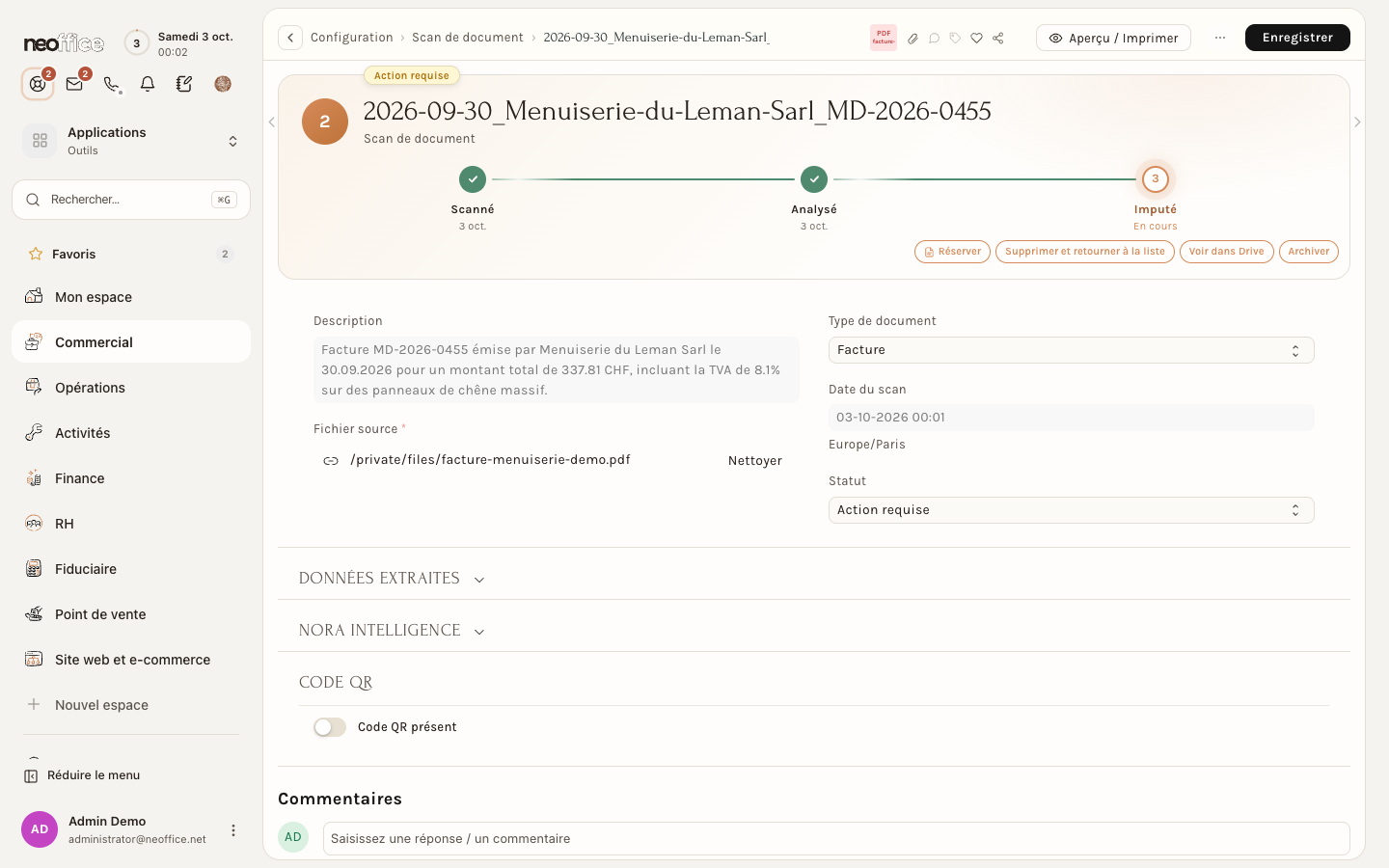 Le formulaire d'un scan : progression, description et statut