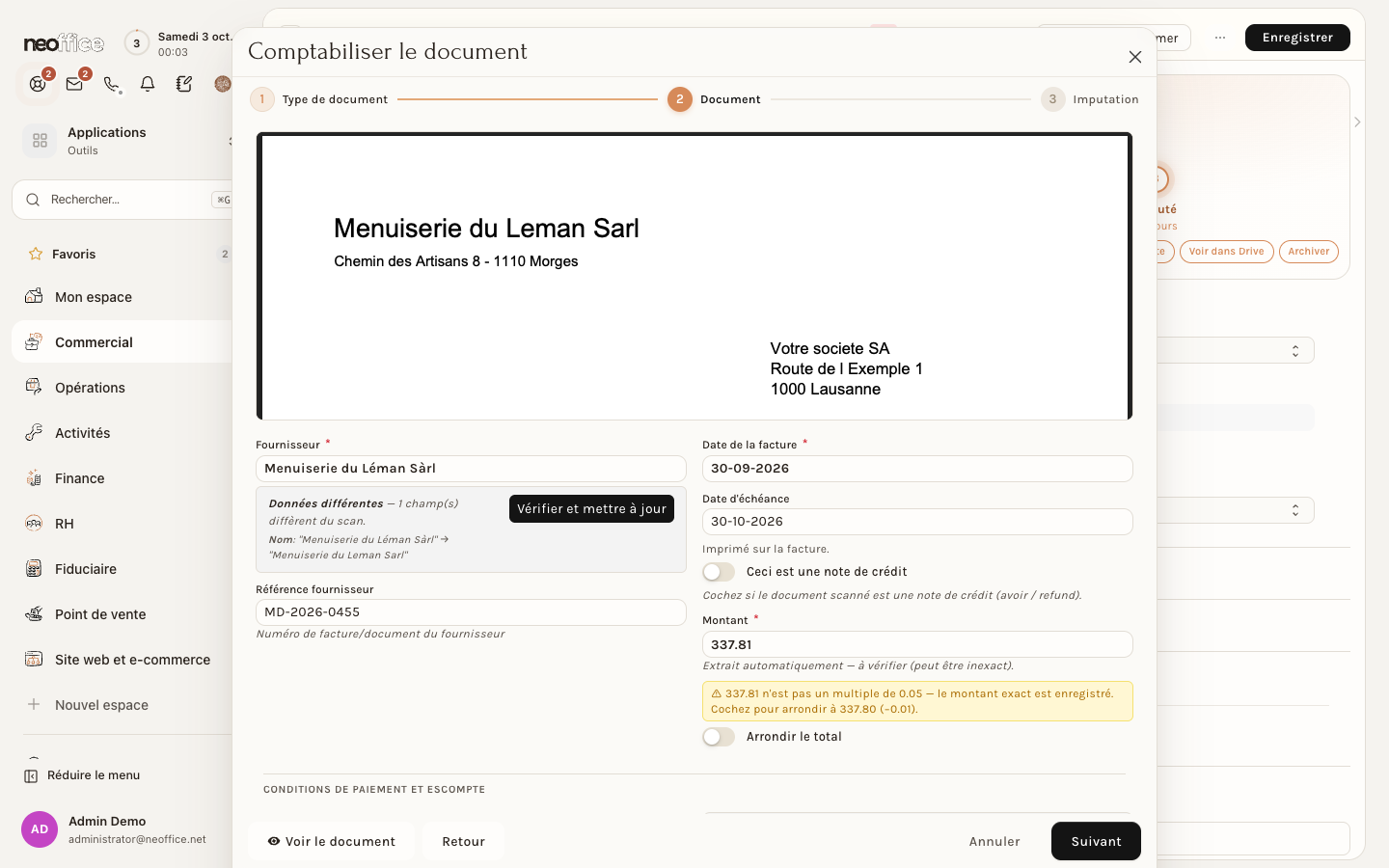 Étape 2 : un fournisseur reconnu, avec un écart de nom et l'arrondi proposé