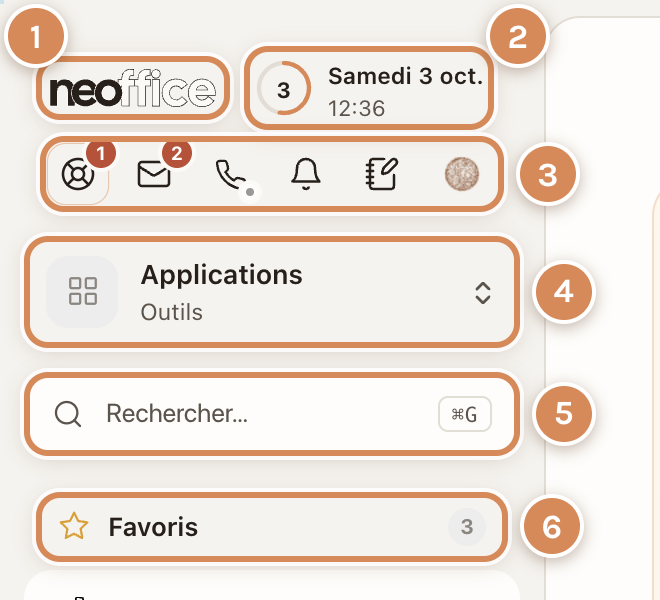 Le haut du menu de gauche : le logo, la date, les icônes, Applications, la recherche, les favoris