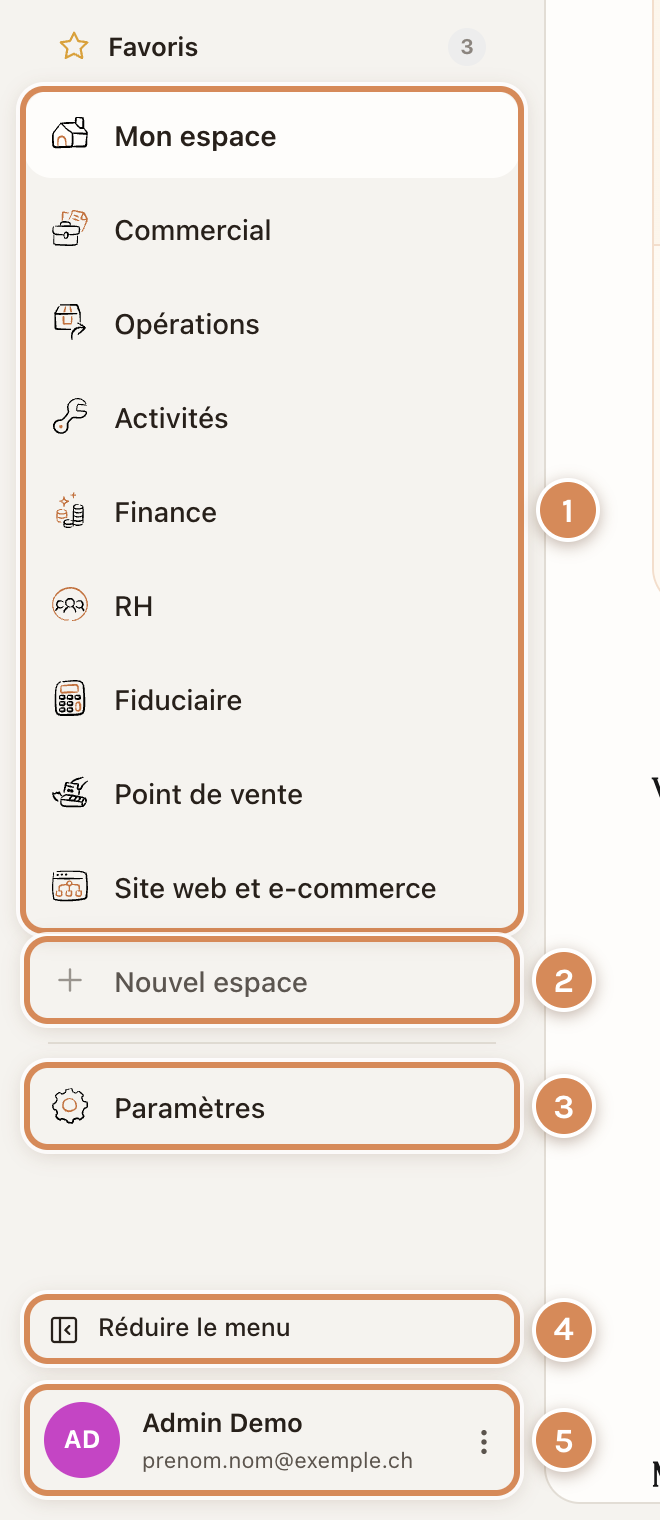 Le bas du menu : les espaces, Nouvel espace, Paramètres, Réduire le menu, le compte