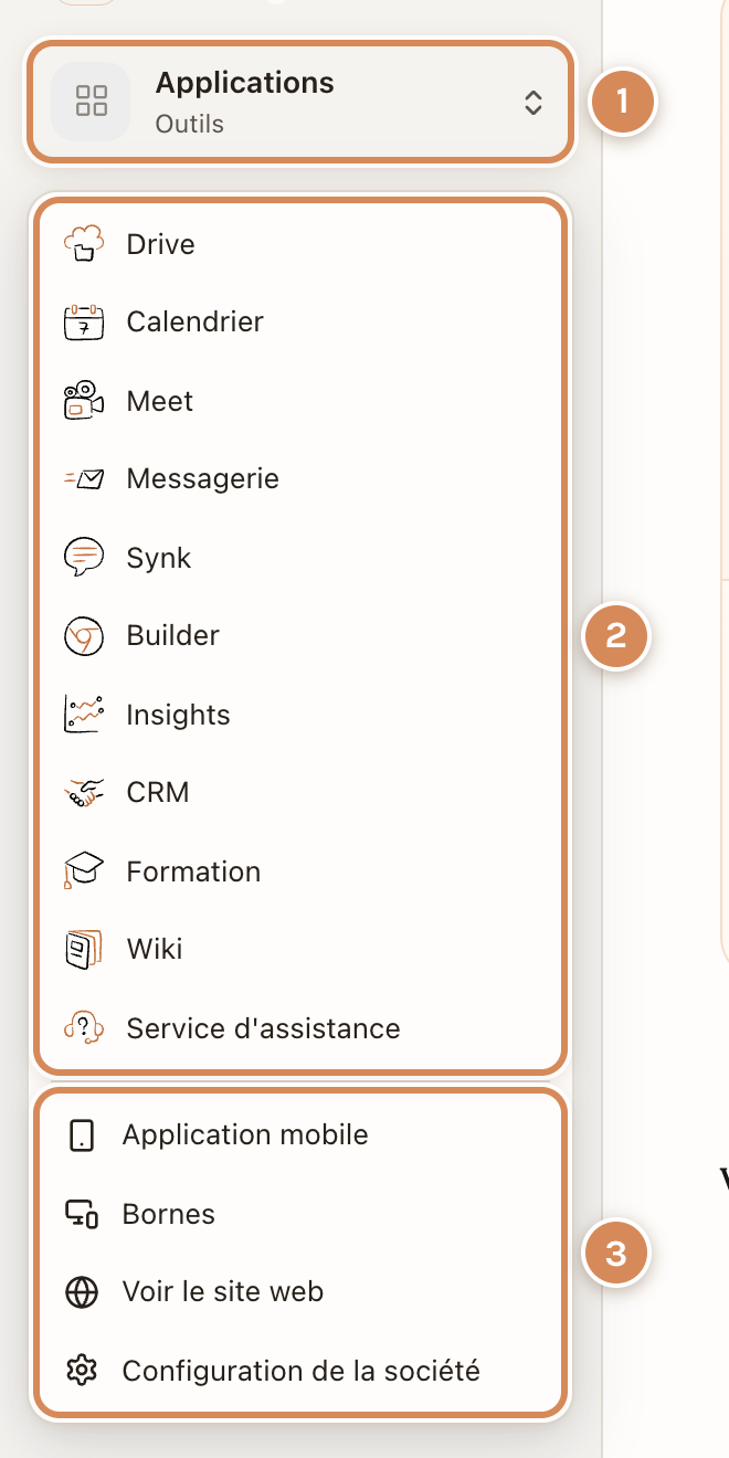 Le bouton Applications et sa liste