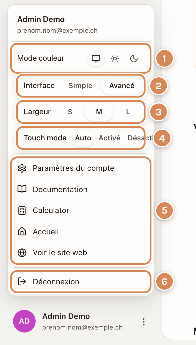 Le menu du compte, ouvert