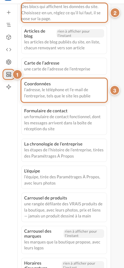Le panneau Blocs du site