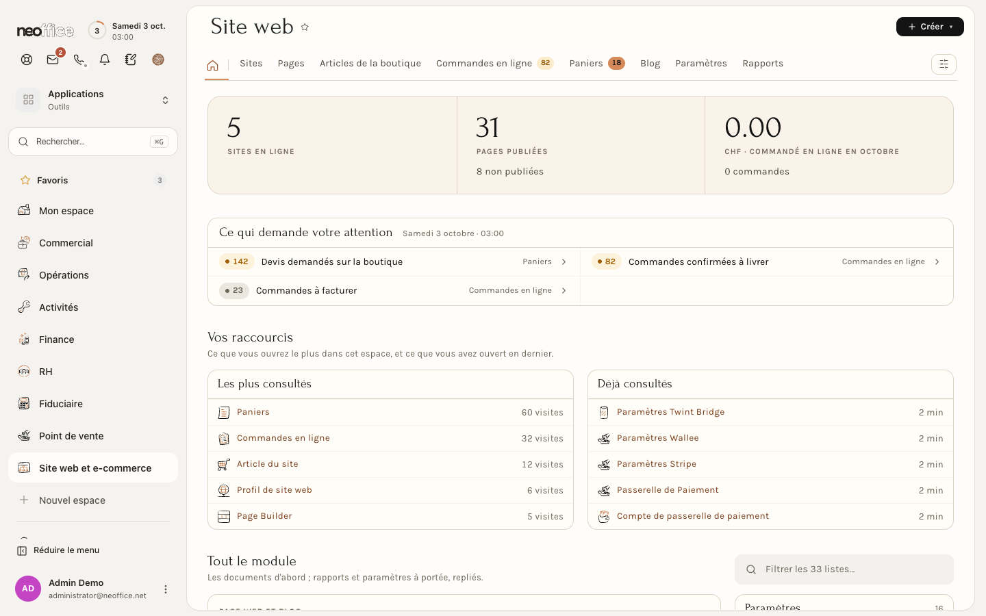 L'espace Site web et e-commerce : l'Aperçu et ses onglets
