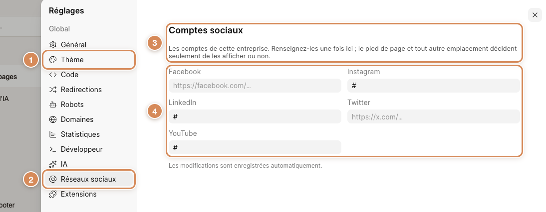Les comptes sociaux dans la fenêtre Réglages