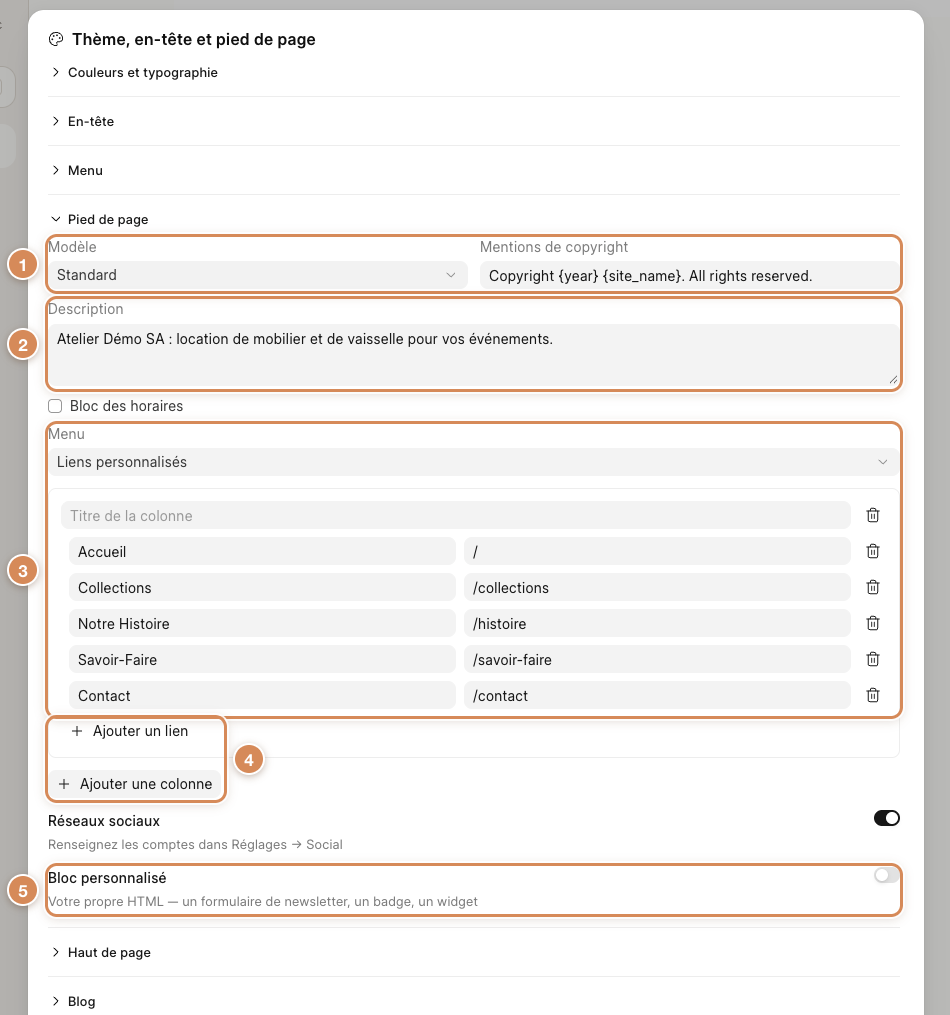 La rubrique Pied de page de la fenêtre Thème