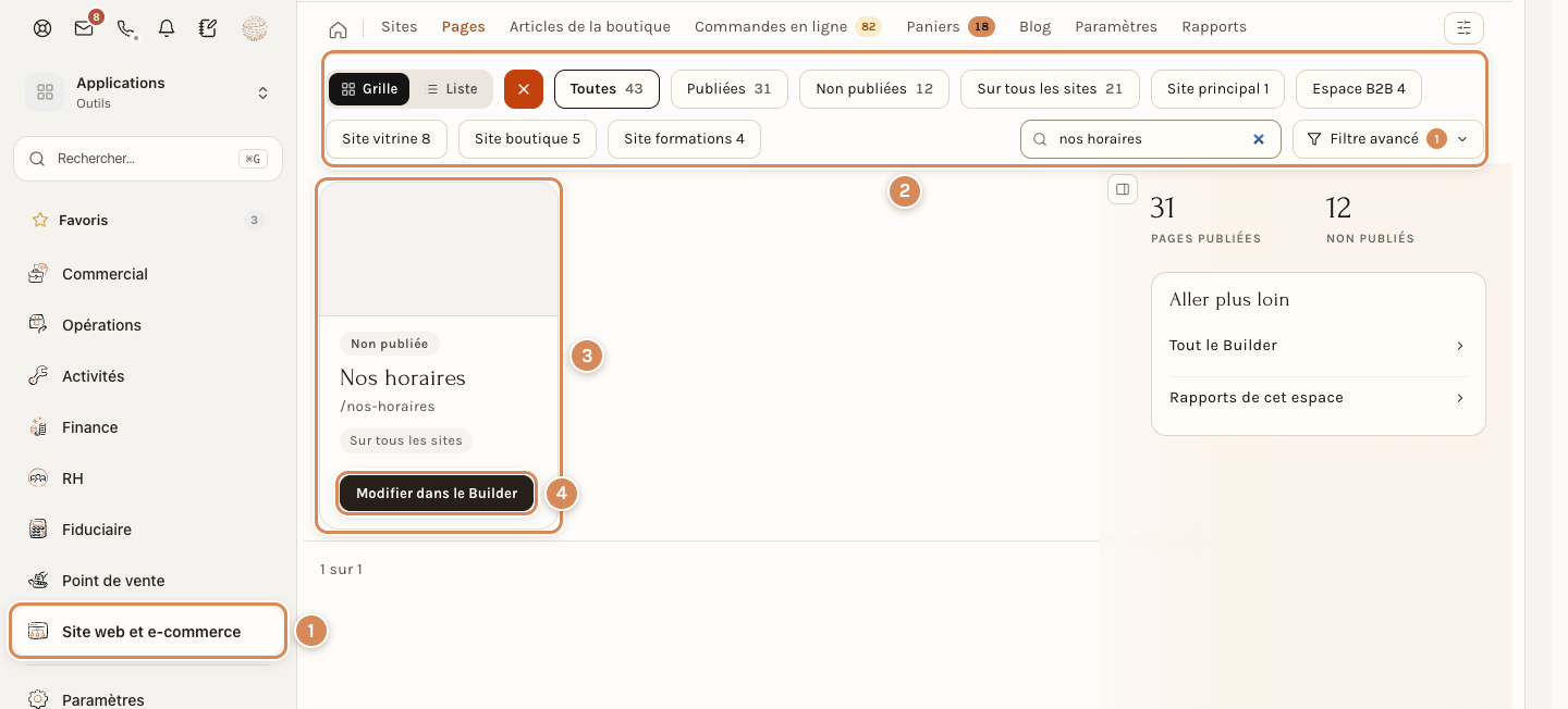 L'onglet Pages de l'espace Site web et e-commerce, avec la carte d'une page