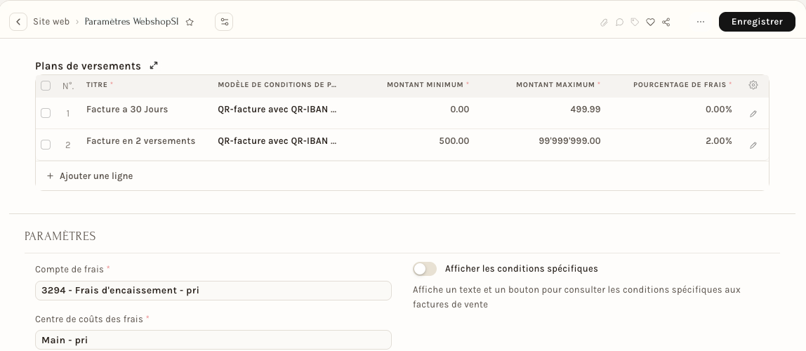 Les Paramètres WebshopSI : plans de versements, frais et restrictions