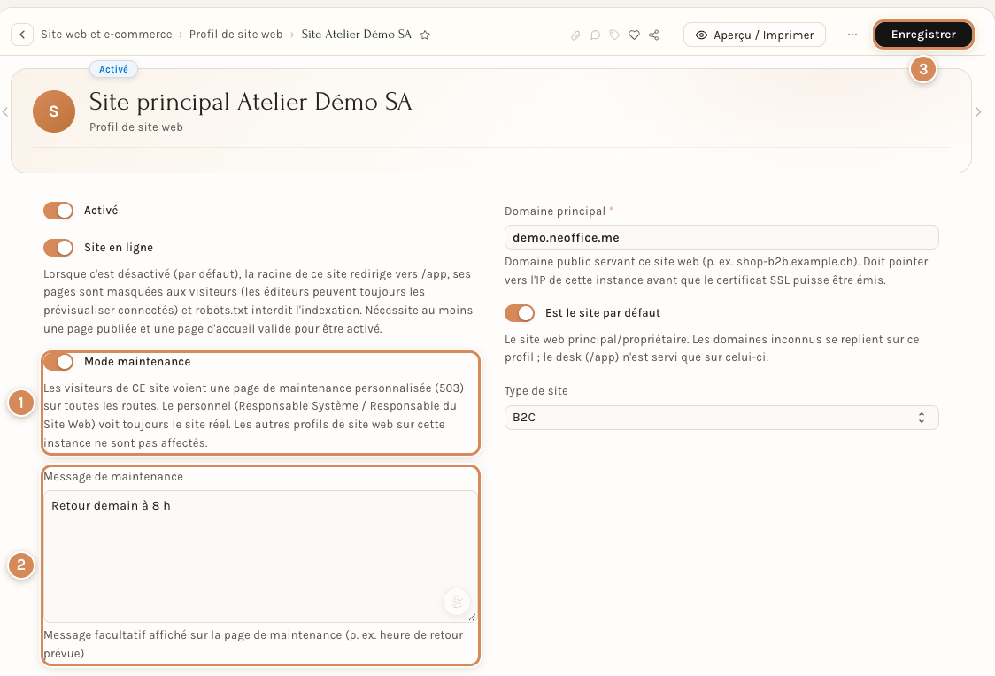 Le champ Message de maintenance, ouvert