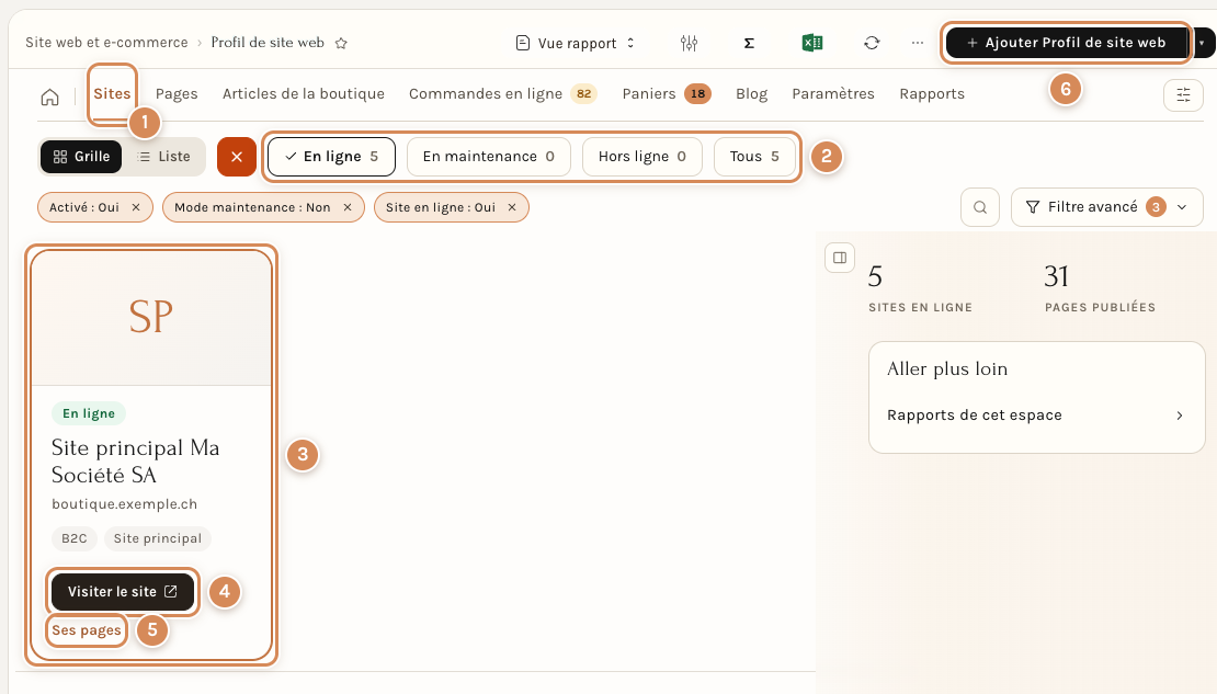 L'onglet Sites de l'espace Site web et e-commerce, avec la carte d'un site