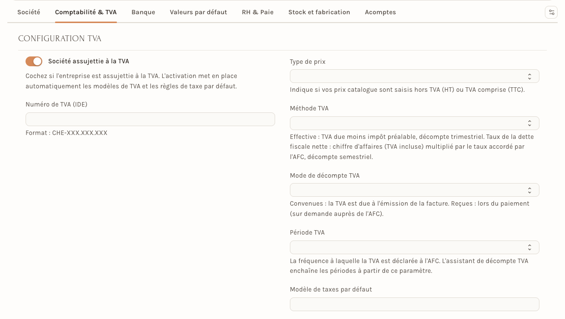 L'onglet Comptabilité & TVA, interrupteur allumé : le numéro de TVA (IDE) et les réglages de la méthode apparaissent