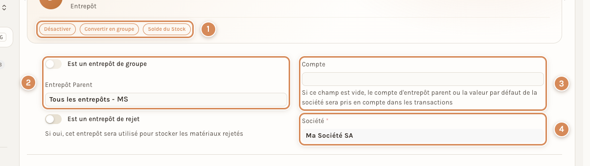La fiche d'un entrepôt enregistré