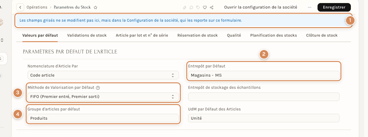 L'onglet Valeurs par défaut des Paramètres du Stock