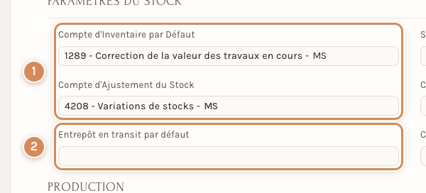 La section Paramètres du stock de la fiche de la société
