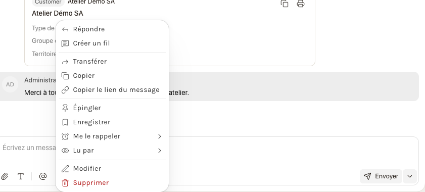 Le menu d'un message