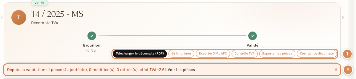 Un décompte validé : le message Depuis la validation et le bouton Corriger ce décompte