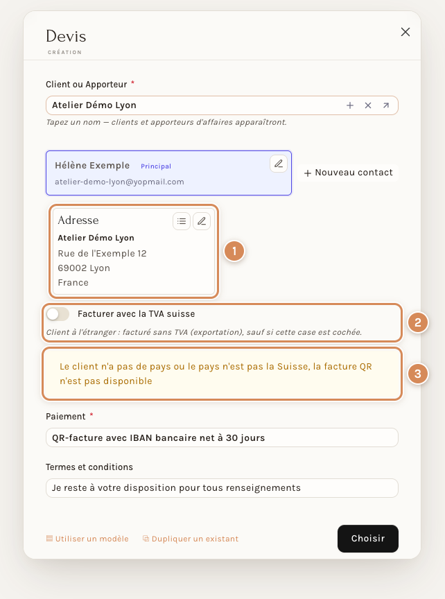 La fenêtre de départ d'un devis pour un client à Lyon : l'adresse, la case Facturer avec la TVA suisse et l'avertissement sur la facture QR