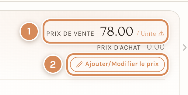 L'en-tête de la fiche d'un article en heures : son prix de vente est encore en Unité, signalé par un point d'attention