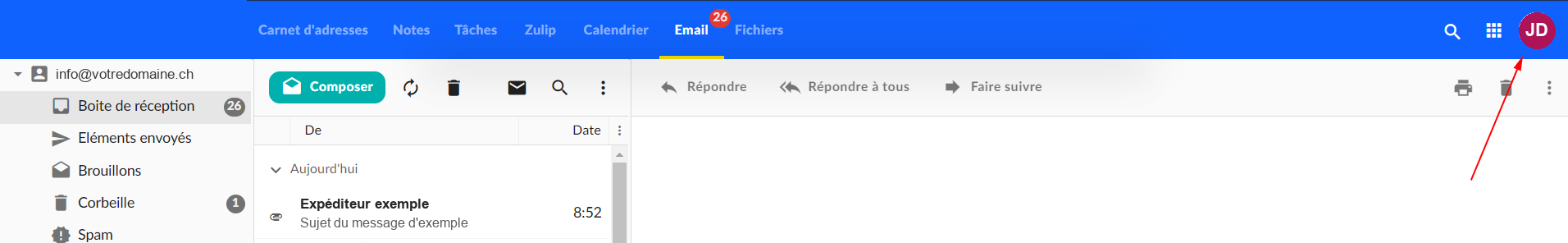 Le webmail : les sections en haut, les dossiers à gauche, la liste des messages et le message ouvert