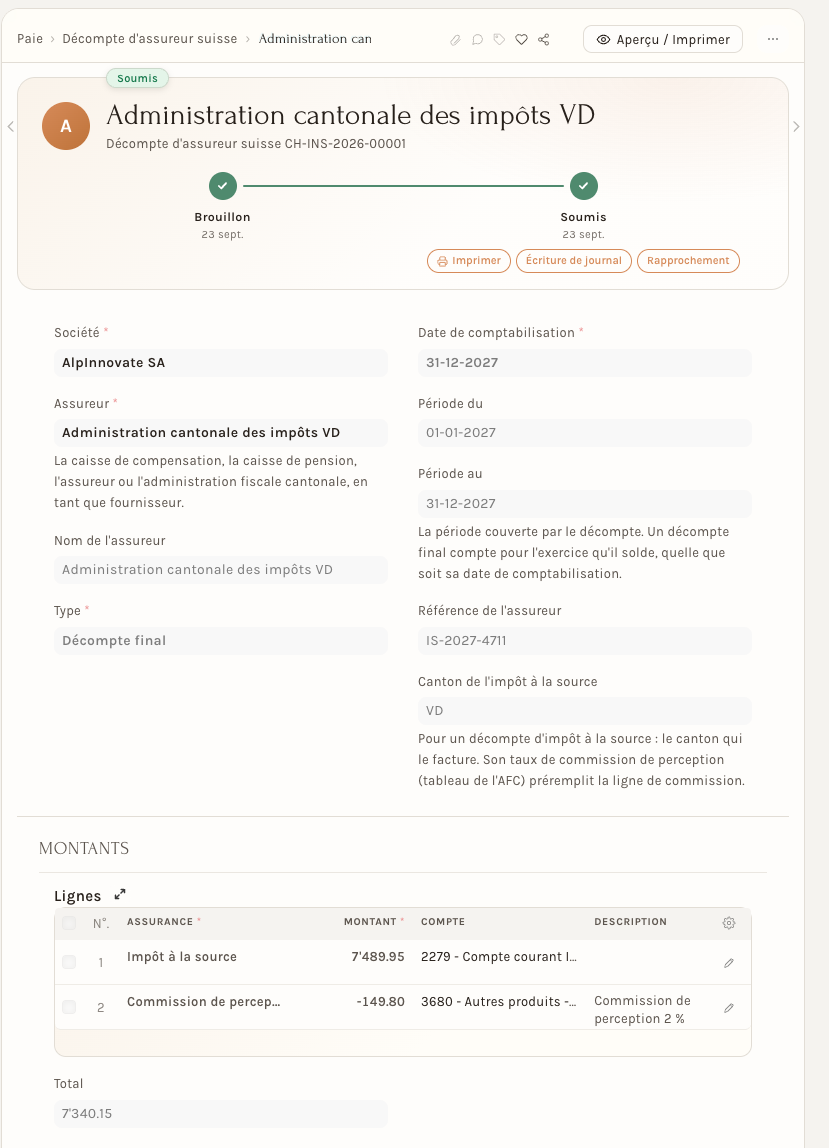 Un décompte final d'impôt à la source validé : la ligne de l'impôt et celle de la commission de perception, chacune avec son compte